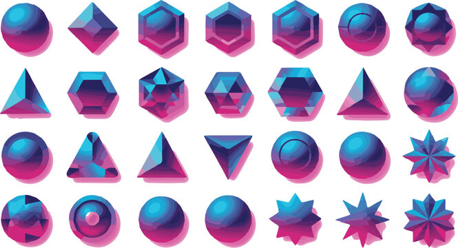 Collection of 3D geometric shapes with blue and pink metallic surfaces