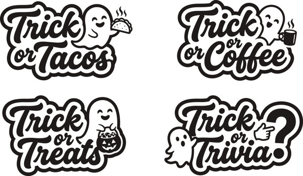 Collection of four halloween themed trick or treat stickers featuring cute ghosts and food on a white background