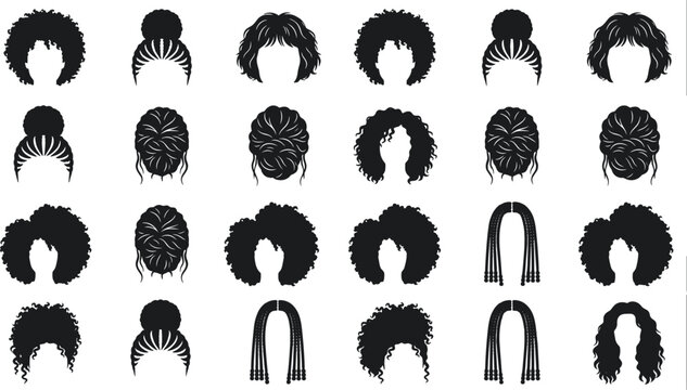 Extensive collection of black silhouette representing various women hairstyles and haircuts seen from different angles on a white background