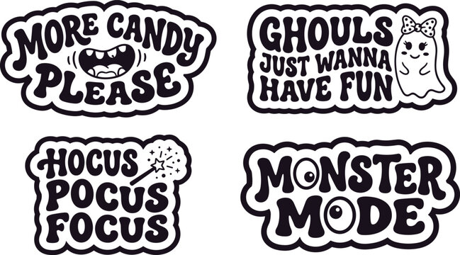 Halloween themed sticker set with spooky phrases more candy please, ghouls just wanna fun, hocus pocus focus, and monster mode, featuring cute ghost and magic wand