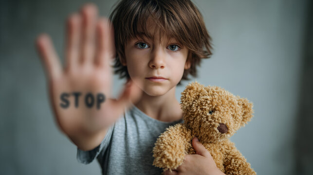 Child holding teddy showing stop message with raised hand