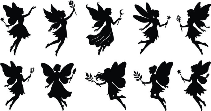 Set of ten fairy silhouettes with wings and magic wands in different flying poses isolated on a white background, for fantasy and, magical themes