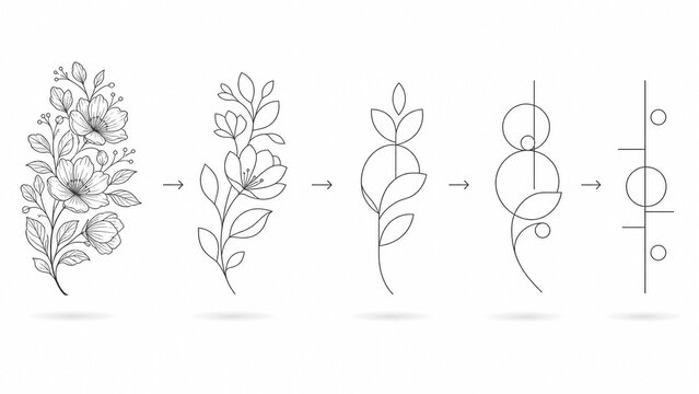 Minimalist line art showing simplification of a floral pattern into geometric lines.