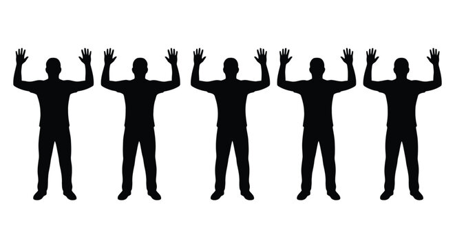 Silhouettes of men with hands up isolated on white background