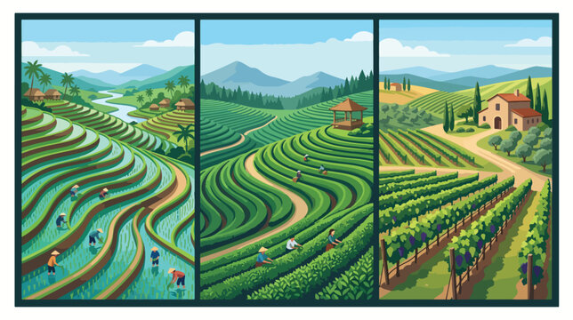 Three vertical panels showcasing vibrant agricultural landscapes featuring rice terraces tea plantations and lush grape vineyards with farmers working under a bright blue summer sky background