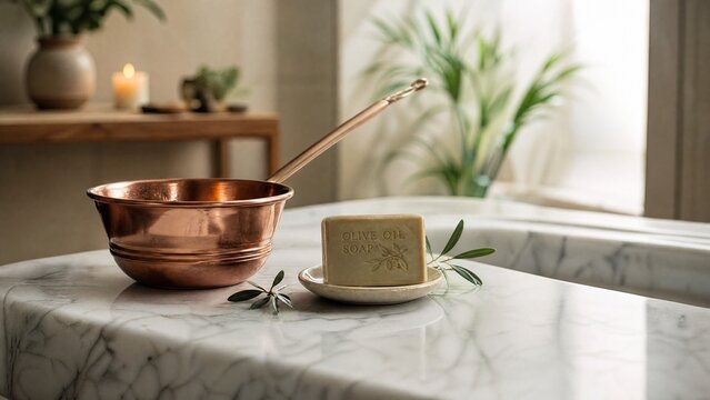 Marble massage table with copper ladle and olive oil soap, soft light.