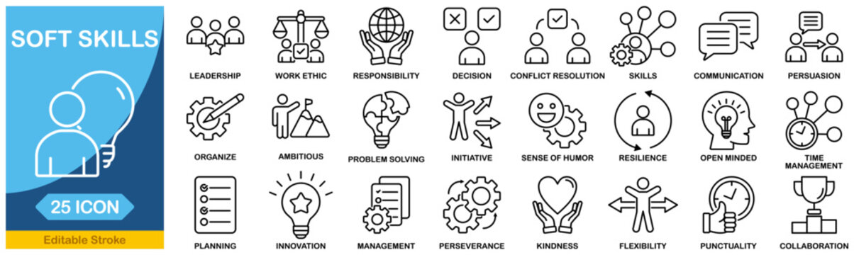 Soft skills icon set. time management and work ethics Editable stroke. Vector illustration.
