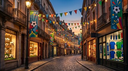 Fototapeta premium Charming European Street Decorated with Soccer Banners and Colorful Bunting Flags at Sunset