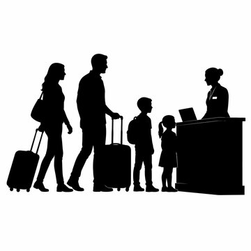 Family arrives at a hotel front desk with luggage for their upcoming vacation check-in process.