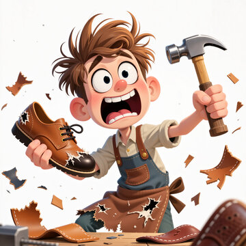 A cartoon shoemaker with a shocked expression holds a shoe and hammer amidst leather scraps on a white background.