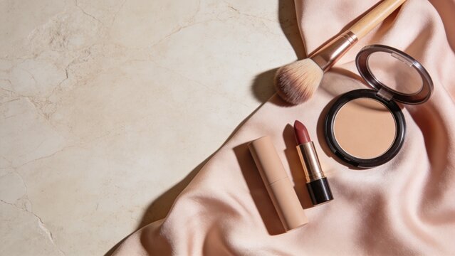 Neutral makeup flatlay with powder compact, lipstick and brush on satin and marble background