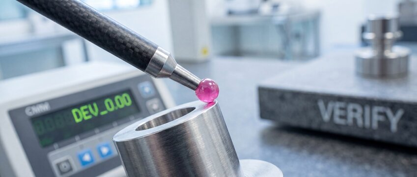 CMM probe calibration precision measurement on stainless steel component in quality control laboratory showing zero deviation display for industrial engineering quality assurance verification.
