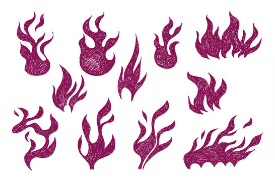Set of Handdraw Fire Flames Vector Illustration with Hot Burning Blaze Elements