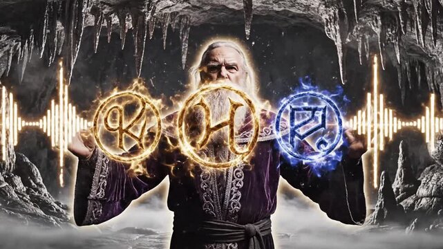 Powerful wizard casting magic spell in dark mystical cave