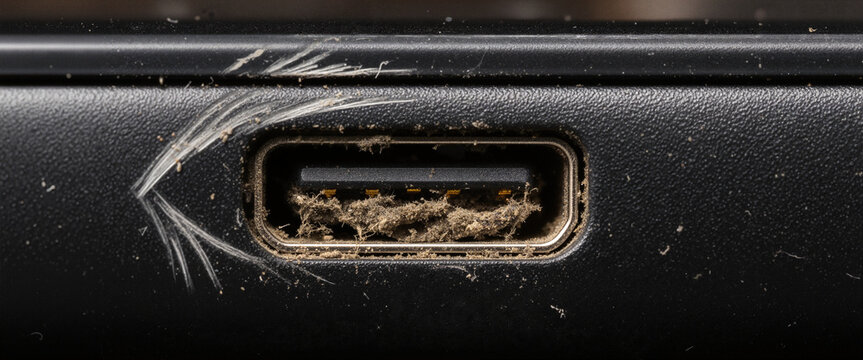 Scratched Electronic Device Port Showing Dusty Usb Connection