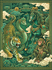 Obraz premium Majestic chinese zodiac animals including a tiger snake horse and monkey decorated with ornate emerald jewelry and gold accents in a beautiful traditional artistic green style