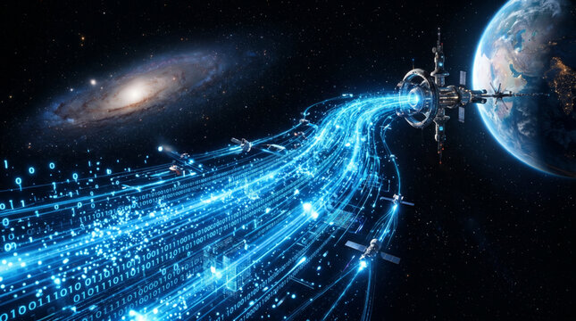 Digital data transfer from space station to Earth, digital stream from orbiting satellite, binary code flow towards our planet