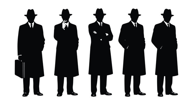 Silhouettes of five men in trench coats and fedora hats