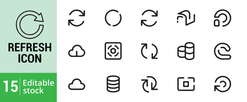 Set of fifteen thin line refresh and database icons for web design or mobile application interface.
