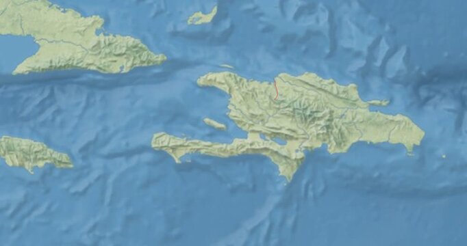 Haiti on Globe. Zoom into the country with Earth spinning on dark background. Physical world map with Haiti and label on it. Country view animation.