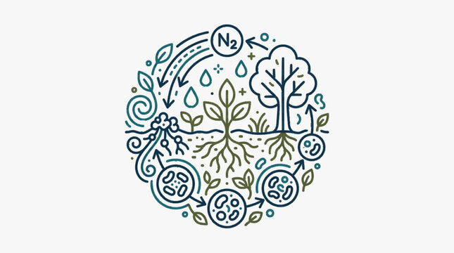 Nitrogen Cycle Illustration Showing Plant Growth and Soil Microbes.