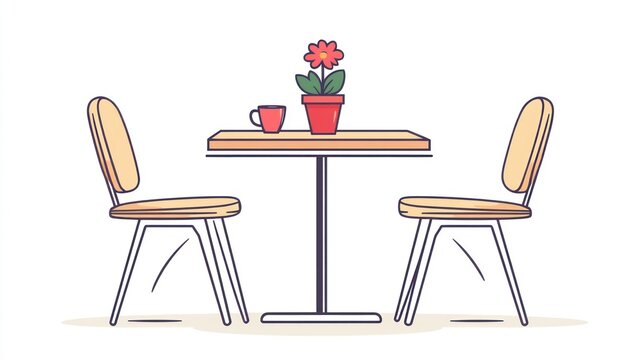 Cartoon illustration of a simple table setting with two chairs, mug, and potted flower