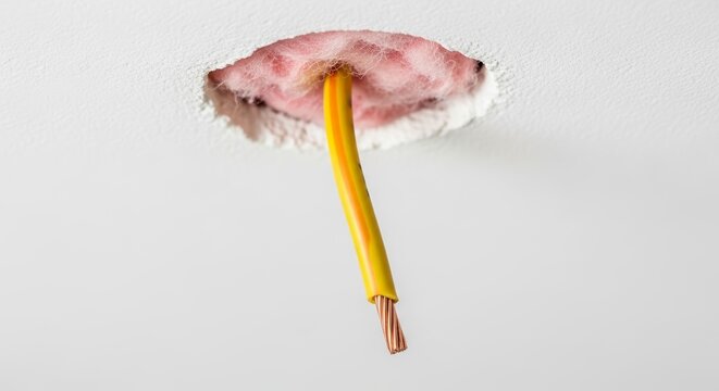 Wire hanging from ceiling hole with exposed electrical connections and insulation material visible around. Wire hanging depicts common electrical installation task in homes,