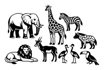 Naklejka premium African safari animals and birds, including elephant, giraffe, zebra, lion, antelope, hyena, crane, and toucan, isolated on white