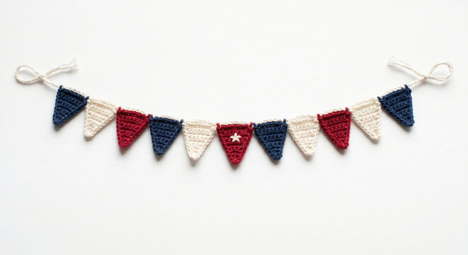 Crochet garland photo for craft product listing with red white blue handmade bunting decor