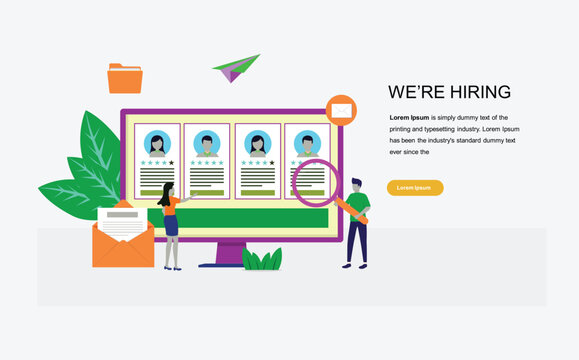 Flat Vector Illustration of HR Team Reviewing Candidate Resumes on a Large Monitor for We Are Hiring Concept