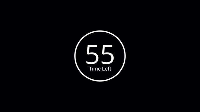 One minute countdown timer animation with an alpha channel, sixty seconds countdown timer stopwatch animation on transparent background, 4k circular stopwatch timer from 60 to 0 seconds. 
