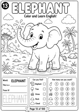 Elephant Coloring Page for Kids Learning English