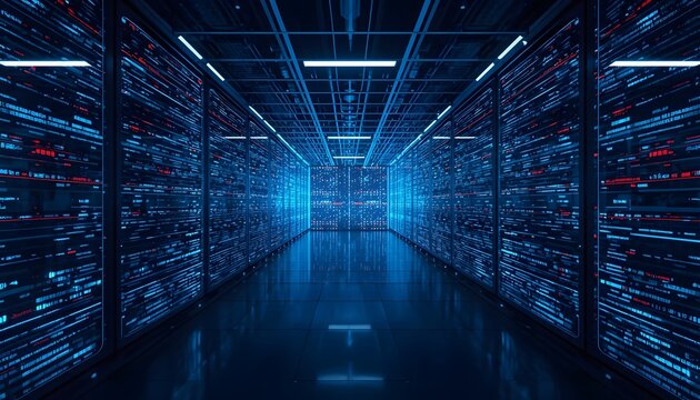 Futuristic data center server room with glowing blue and red digital network signals representing advanced artificial intelligence