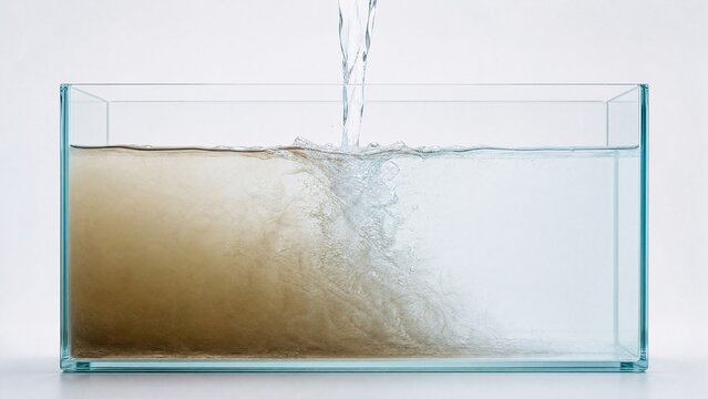 A clear glass tank with a stream of pure water diluting murky water within.