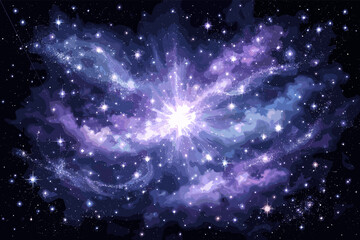 A vibrant, stylized cosmic nebula with a bright central star surrounded by swirling purple and blue gas and countless sparkling stars in deep space. © Warung