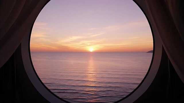 Soft Sunset Through a Round Window Framed by Dreamy Sheer Curtains