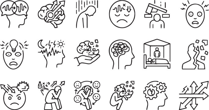 Mental Health Disorders and Depression Vector Line Icons Set (Includes Panic Attacks, Chronic Stress, Emotional Fatigue, Sleep Disturbances, and Anxiety Concepts)
