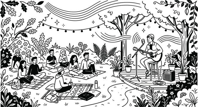 Acoustic live music concert in cozy garden backyard with singer playing guitar on stage and diverse audience sitting on blankets line art vector