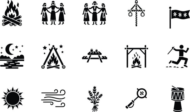 Midsummer festival and outdoor camping glyph icons set representing traditional dancing bonfire nature elements and summer solstice celebration concepts
