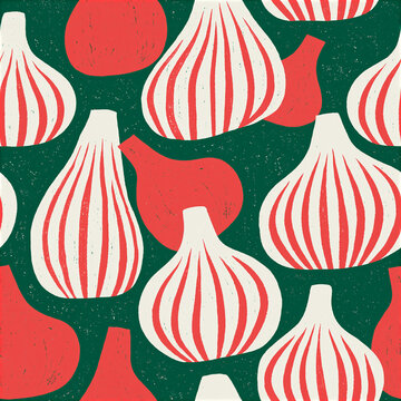 Colorful pattern of stylized garlic and peppers on a dark green background.