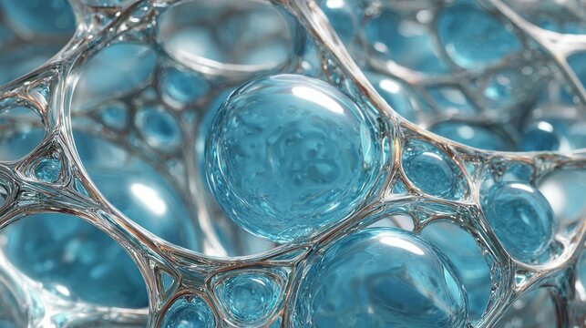 Close-up of the macroscopic texture of the organic blue porous surface, with its complex cavity structure, natural sponge-like shape, and smooth reflective material.