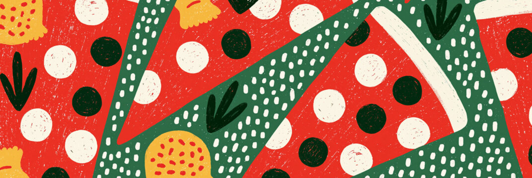 Colorful pizza pattern featuring vibrant toppings on a red background.