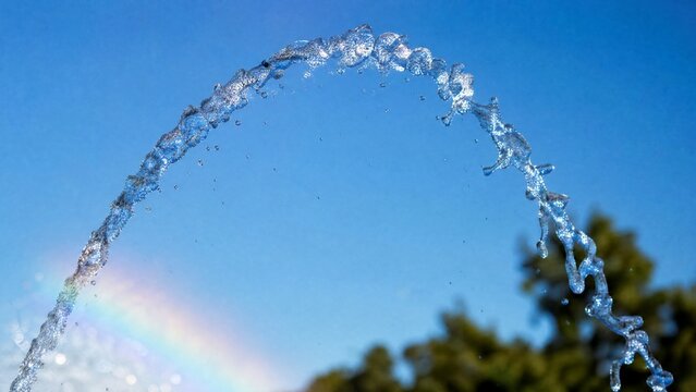 A fountain's water jet arching against a blue sky with sunlight creating glints.