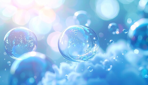 キラキラ輝くシャボン玉と泡が浮かぶ清潔感のある青い背景素材