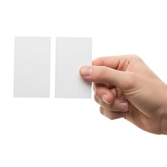 Obraz premium Hand holding a blank white rectangular card with another blank card beside it isolated on white background
