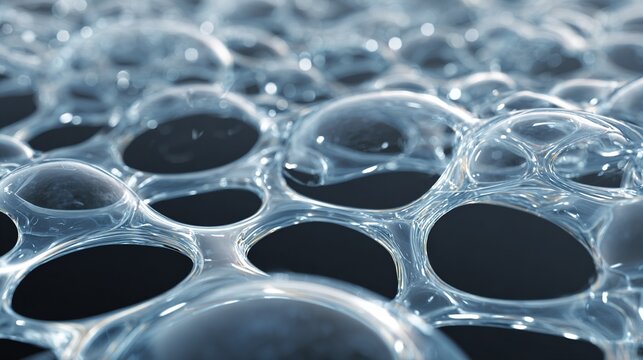 Close-up of the macroscopic texture of the organic blue porous surface, with its complex cavity structure, natural sponge-like shape, and smooth reflective material.