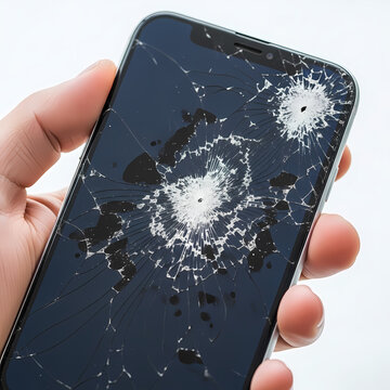 Close up of a person's hand holding a modern smartphone with a severely cracked and shattered glass screen display