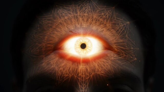 Third Eye Opening Concept with Glowing Golden Geometric Mandala and Neural Network Energy