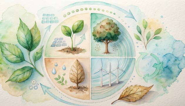 BCG innovation eco-friendly watercolor concept. Eco-friendly cycle showing plant growth, renewable energy, and environmental balance