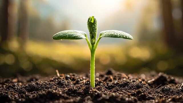 A young seedling emerges from the soil bathed in warm sunlight